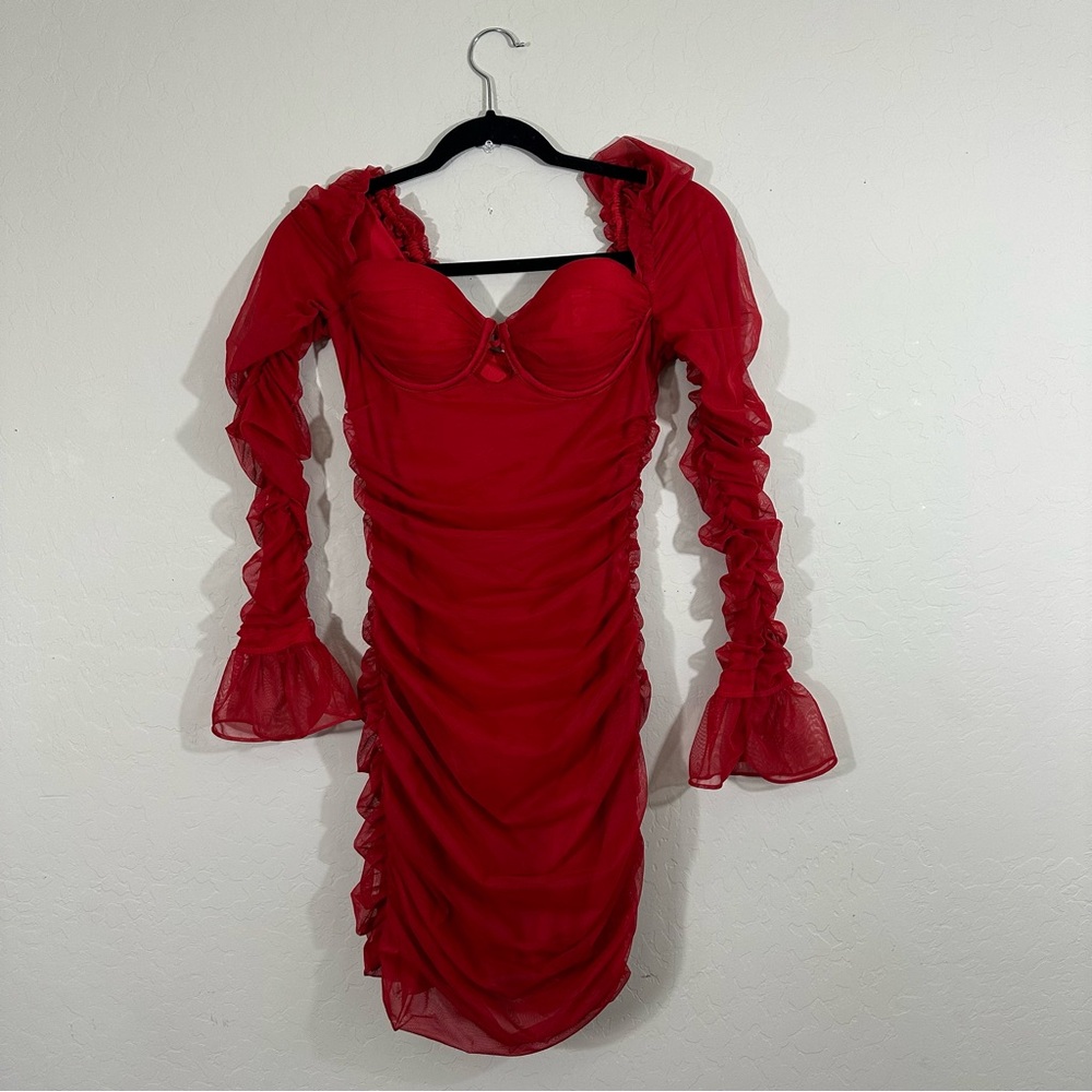 Oh Polly Women’s U.S Size 6 Red Long Sleeve Ruched Mini Dress